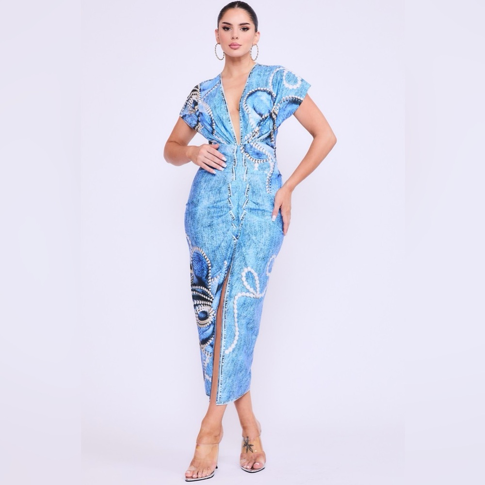 Her Bottari Denim print deep v neck pleats midi dress